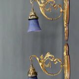 Pair of Rococo / Louis XV wall lights in gilded bronze, walnut bases and glass tulips, France, Circ