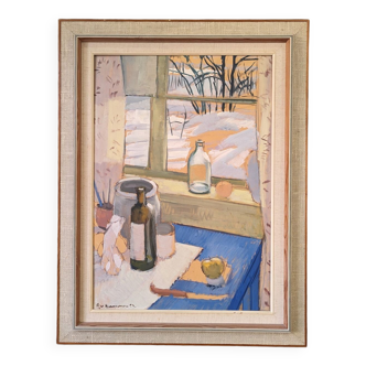 1953 Mid-Century Modern "Window Table Setting", Swedish Interior Still Life Oil Painting, Framed