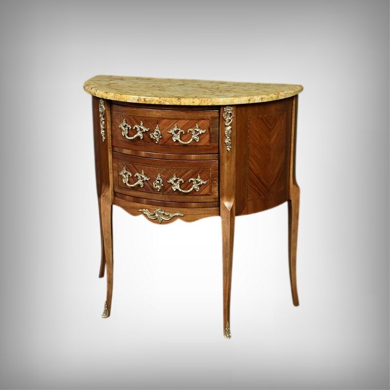 Small demi-lune jump commode in marquetry, transitional style between Louis XV and Louis XVI – early 20th century.