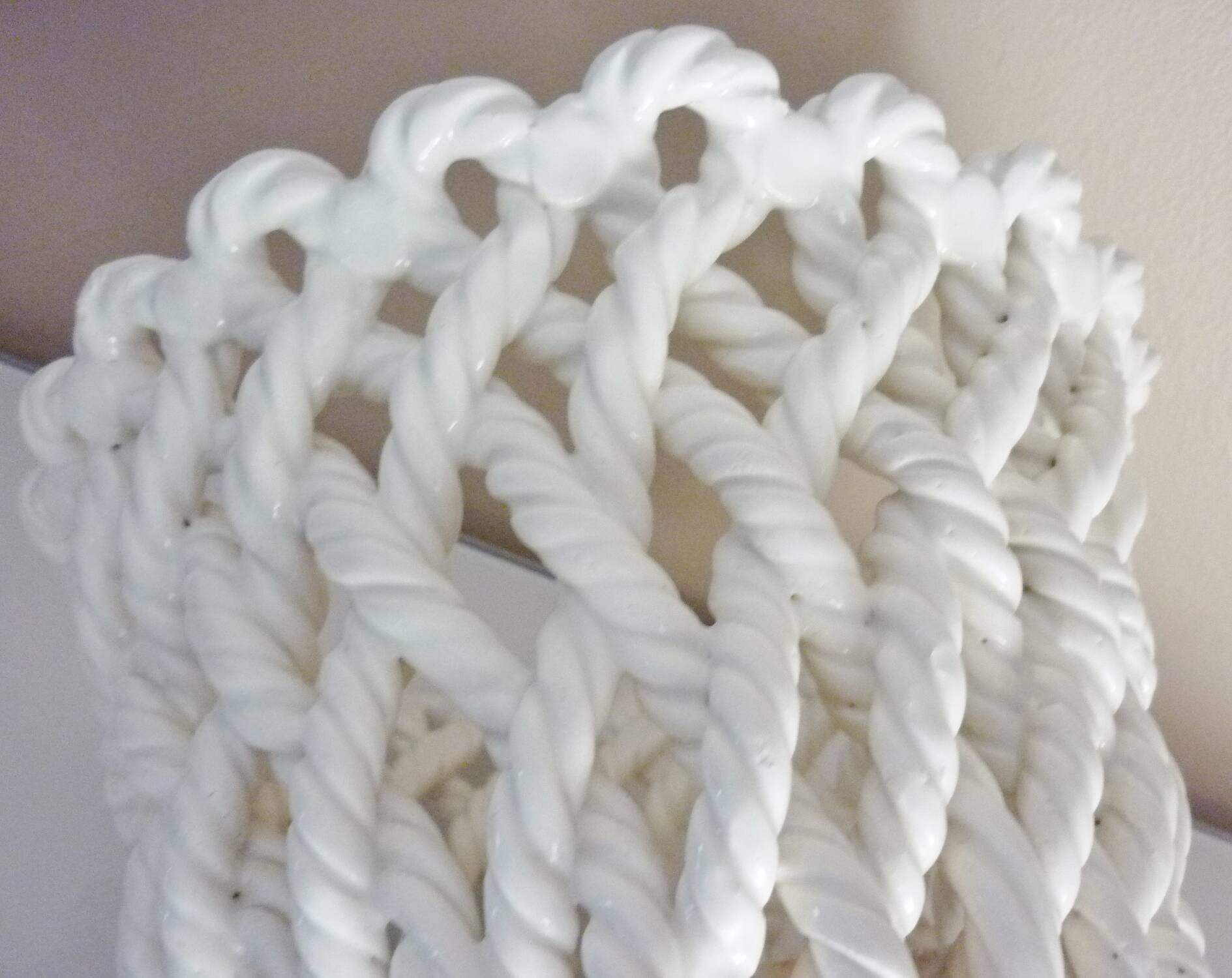 White enameled ceramic pot cover, braided, openwork, vintage