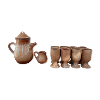 Teapot set 8 mazagrans and milk pot in vintage stoneware