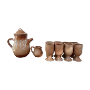 Ensemble théière 8 mazagrans et pot à lait en grès vintage