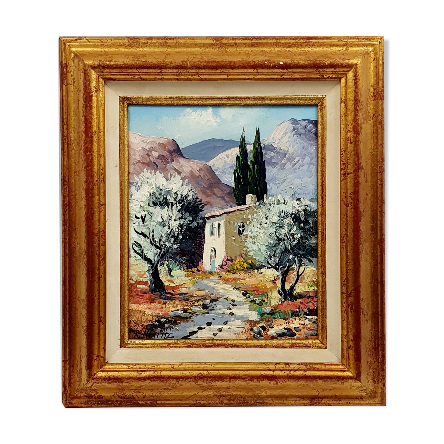 Huile sur toile signée Robert Mogisse XXème paysage provence cadre doré