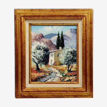 Huile sur toile signée Robert Mogisse XXème paysage provence cadre doré