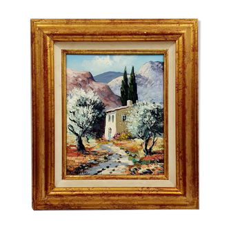 Oil on canvas signed Robert Mogisse XXth landscape provence golden frame