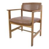 Office Chair Made In Oak & Brown Leather Seat From 1970s