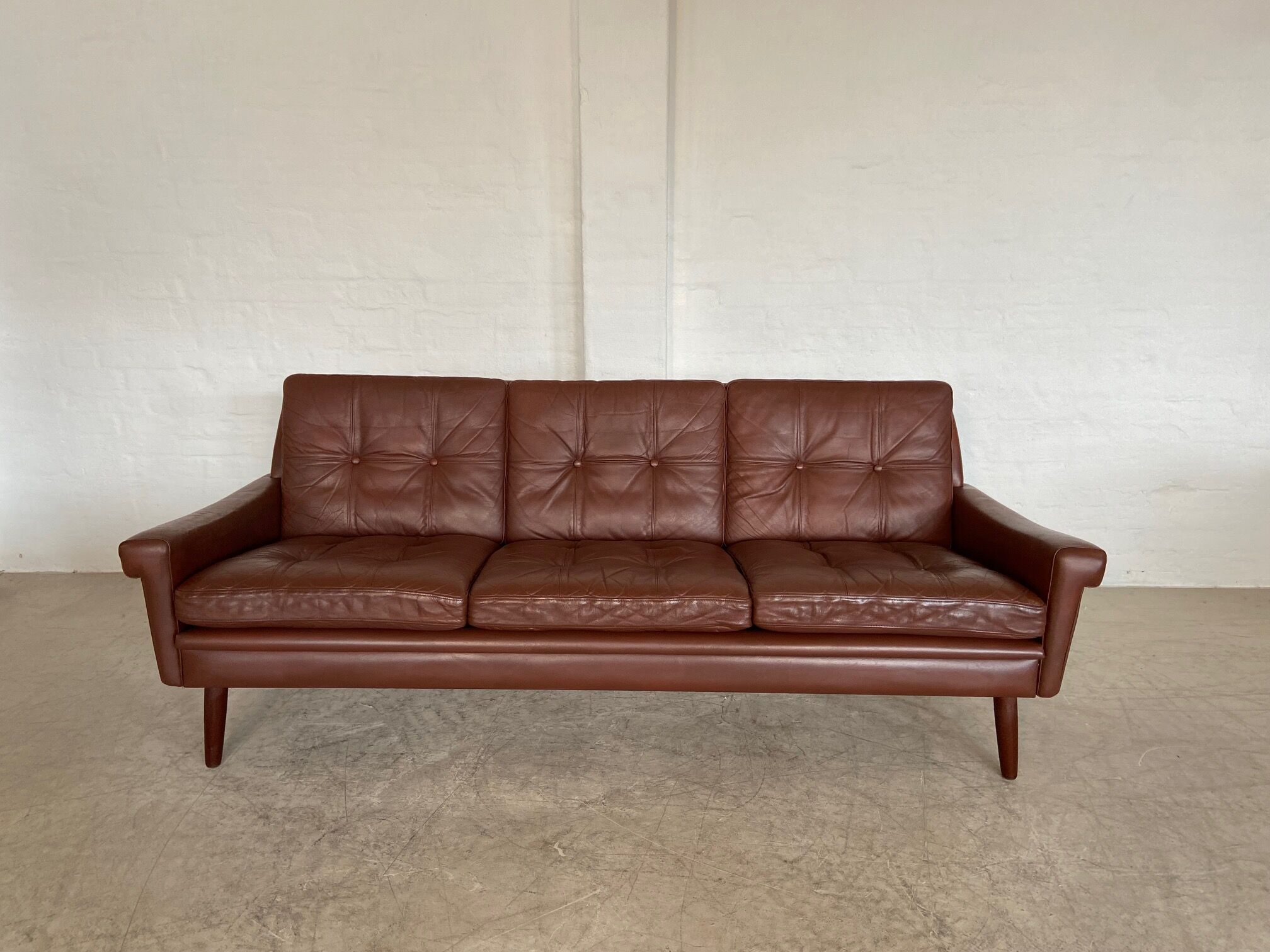 Danish mid-century Svend Skipper cognac 3 person sofa & lounge chair 1960s
