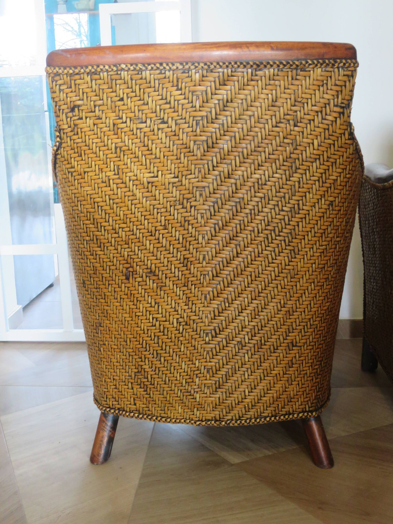 Set of 2 armchairs in woven rattan and exotic wood, 1980s