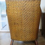 Set of 2 armchairs in woven rattan and exotic wood, 1980s