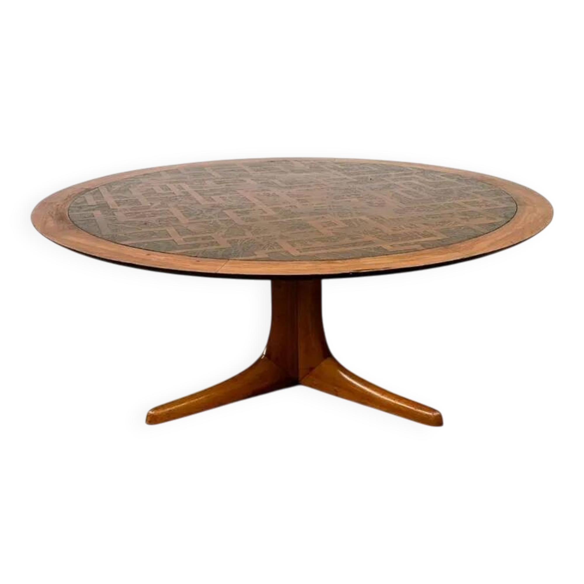 Vintage Wooden Coffee Table with Engraved Brass Top – 1970s