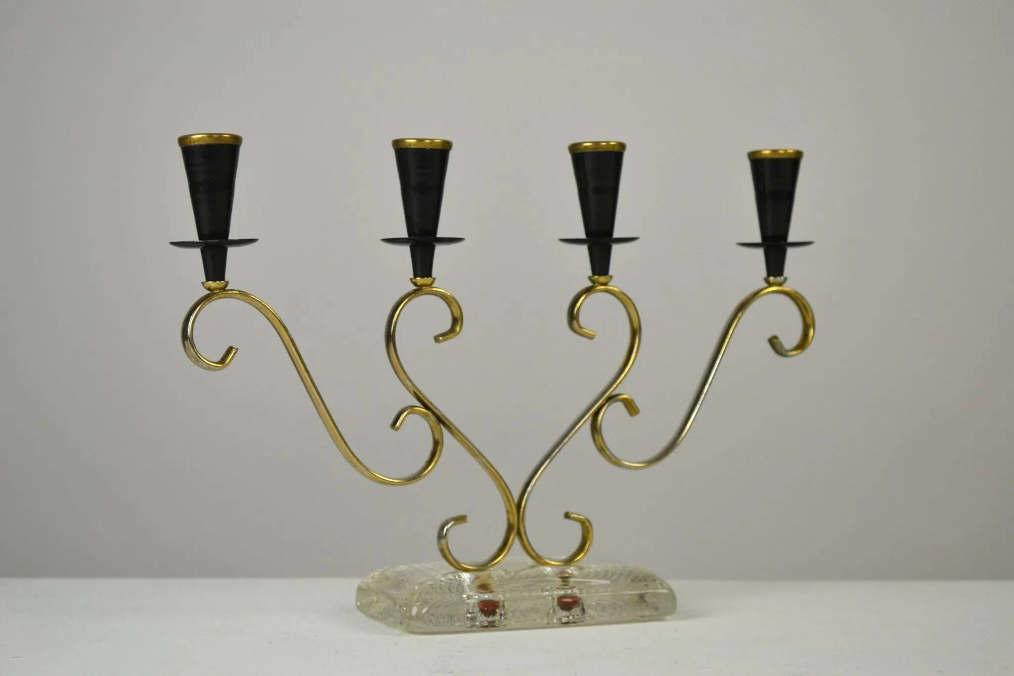 Brass Candelabra with Art Glass Base by Gunnar Ander for Ystad-Metall, Sweden, 1950s