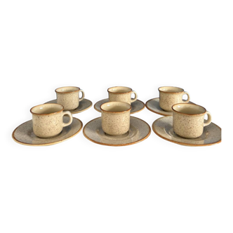 Service of 6 coffee cups and saucers beige speckled enamelled stoneware tulowice poland