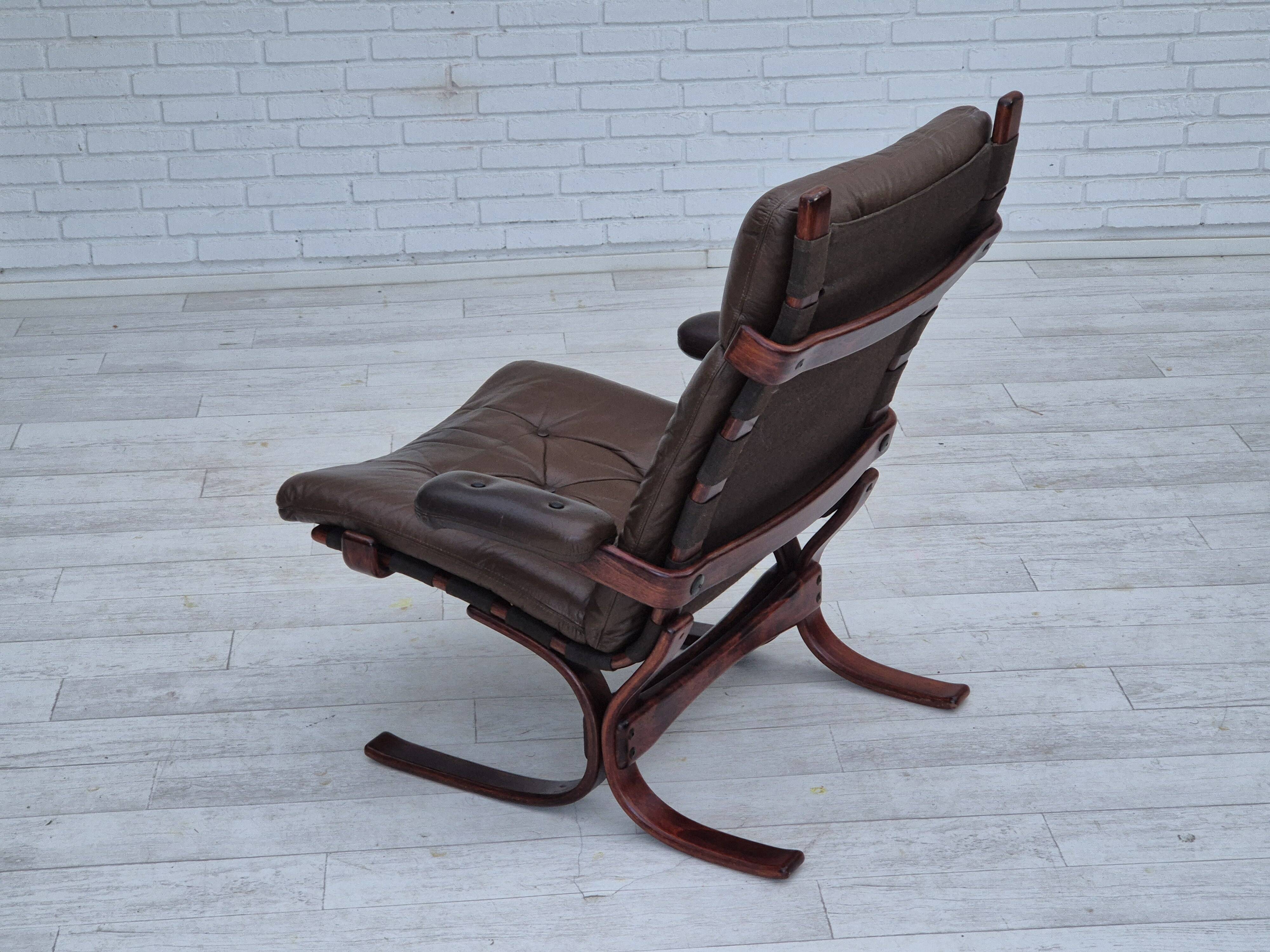 1970s, Scandinavian armchair, original condition, furniture leather, bent wood, canvas.