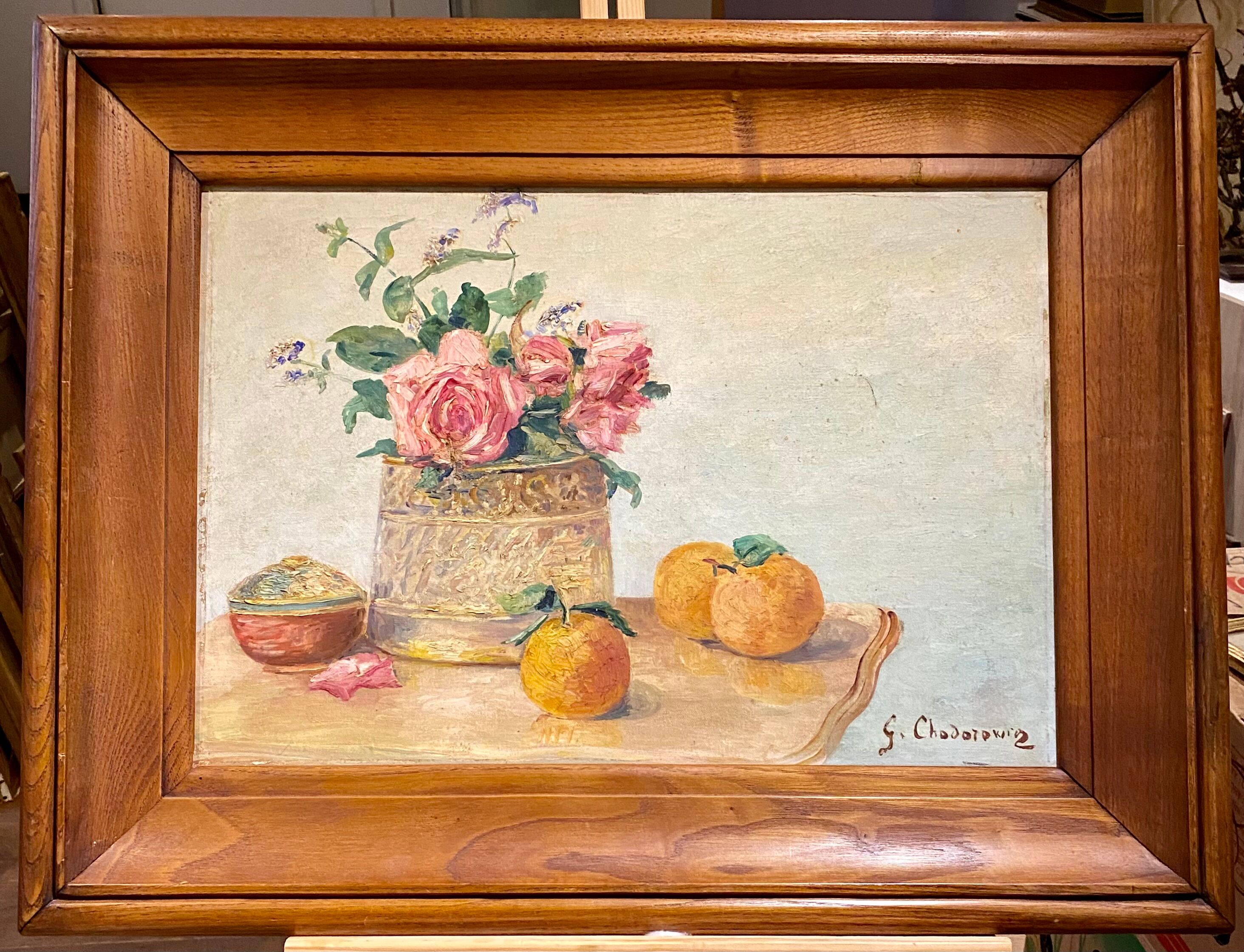 Old painting, still life with roses and oranges, signed circa 1950.