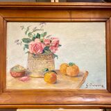 Old painting, still life with roses and oranges, signed circa 1950.