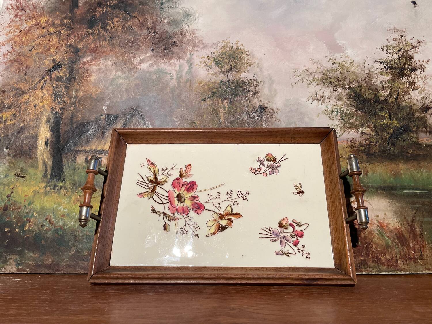 Old wood and ceramic tray 1900