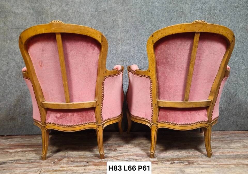Pair of cabriolet armchairs in Louis XV style – Carved wood – Pink velvet –