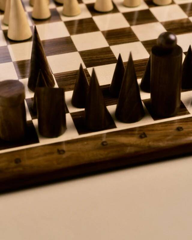 Wooden chessboard, geometric pieces