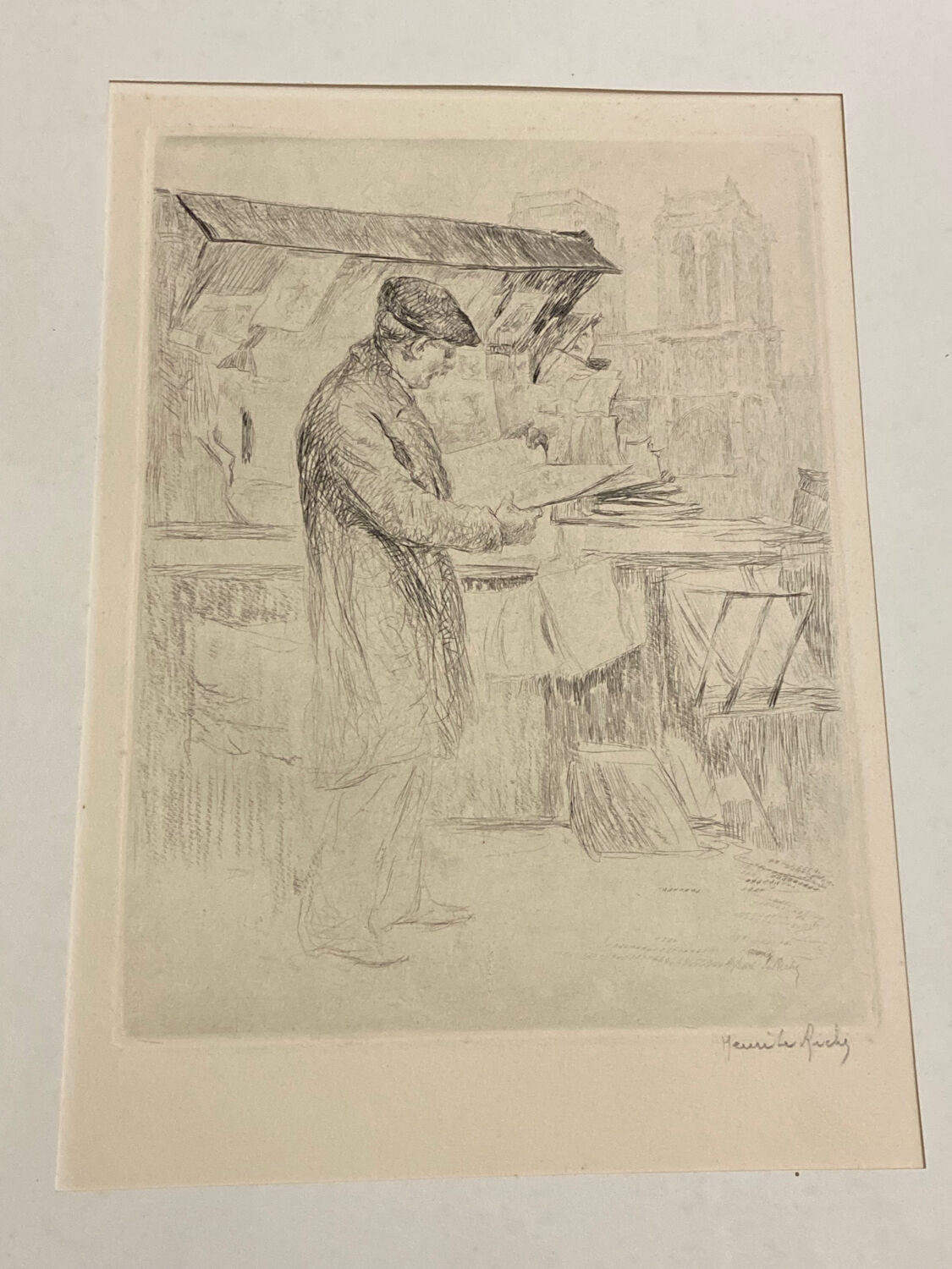 Eau forte, dessin, gravure, le Bouquiniste, Henri le Riche, notre dame