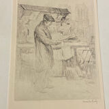 Etching, drawing, engraving, the bookseller, Henri le Riche, notre dame