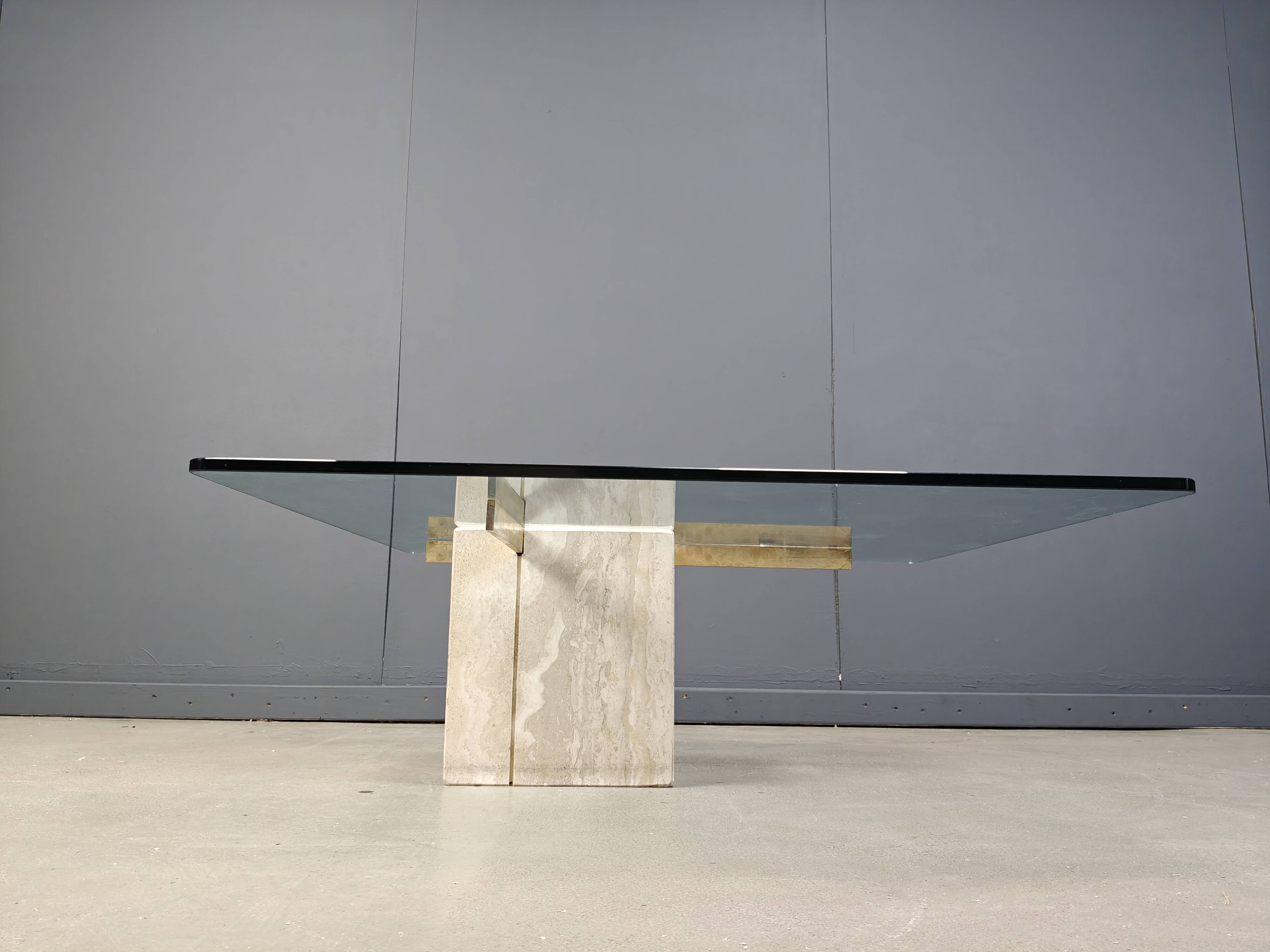 Travertine and brass coffee table by Artedi, 1980s