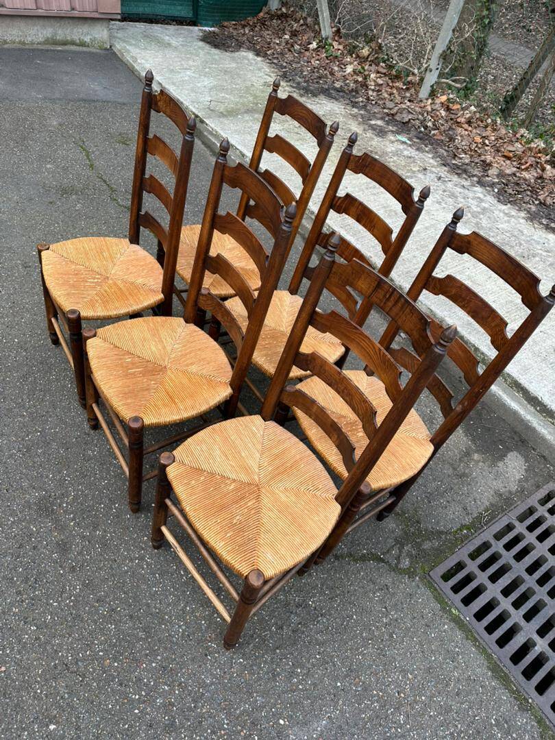 6 solid wood dining chairs with rush seats, oak, 19th century.