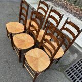6 solid wood dining chairs with rush seats, oak, 19th century.