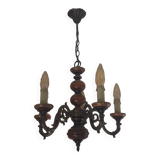 5-branch wood and brass chandelier