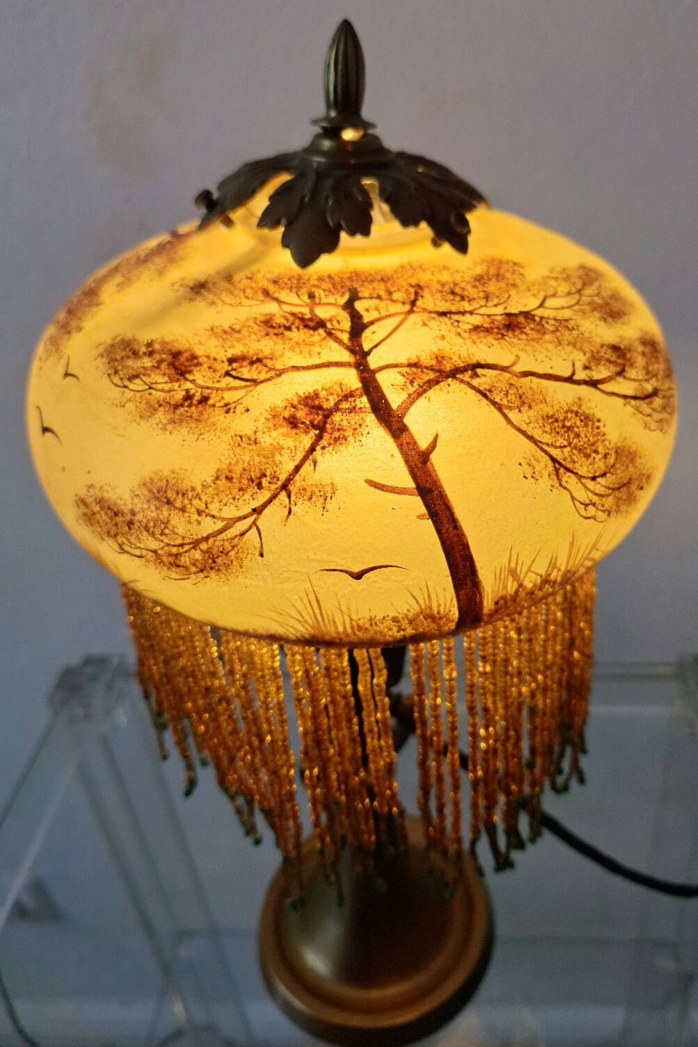 Antique signed reverse painted bronze table lamp, 1910-20