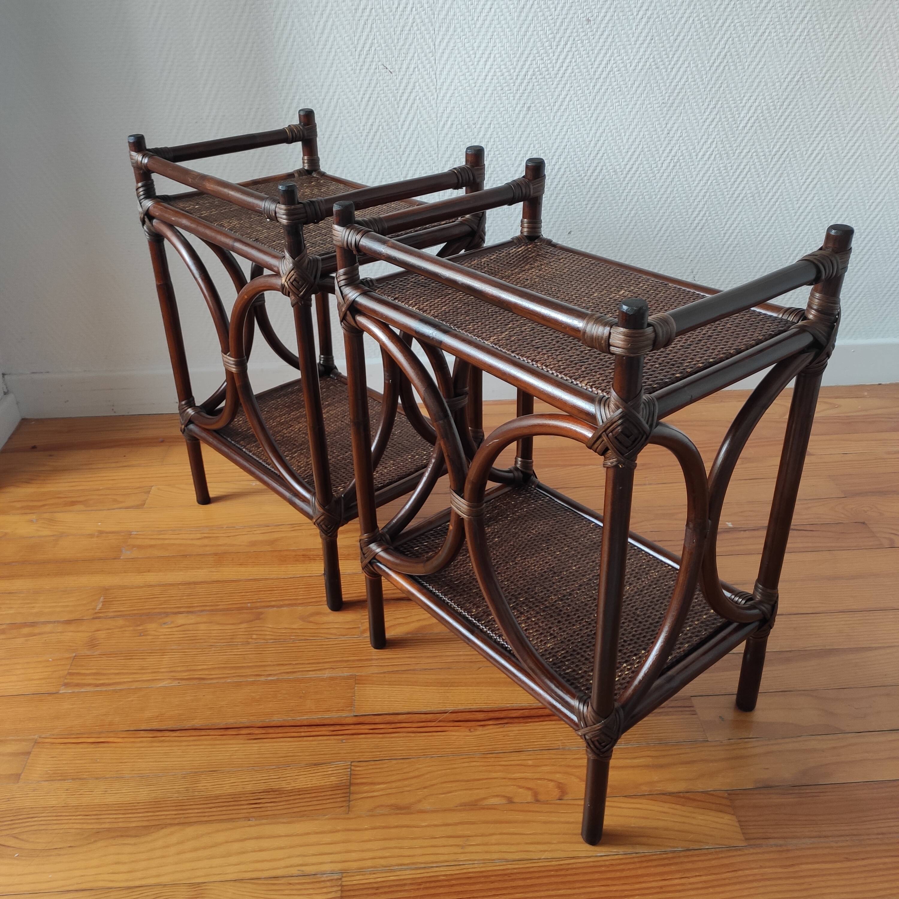 Pair of 1970s rattan bedside tables, side tables.