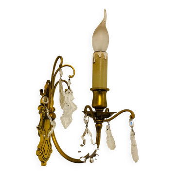 Brass wall light with glass pendants from the mid-20th century.