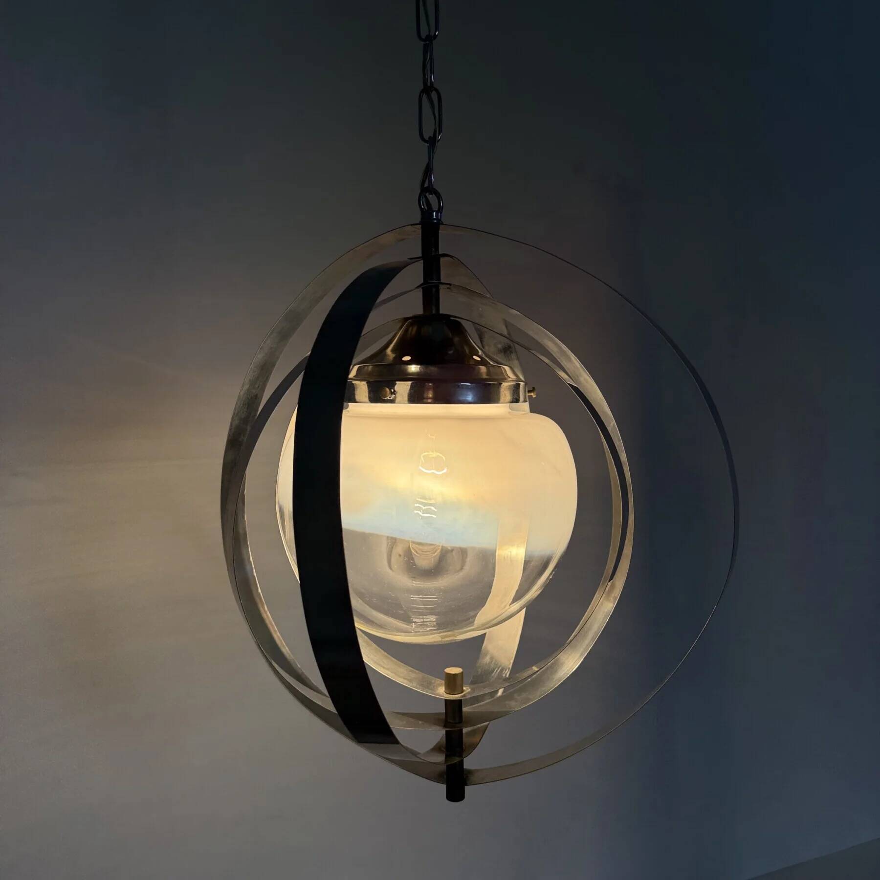 Mid-century glass sphere hanging pendant glass lamp design 1970’s space age Italy