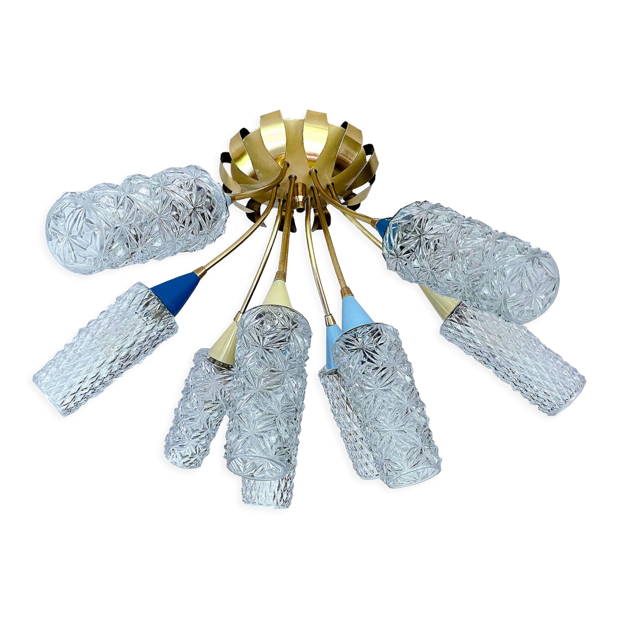 plafonnier lampe vintage, annees 50, verre laiton, bleu beige or
