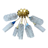 plafonnier lampe vintage, annees 50, verre laiton, bleu beige or