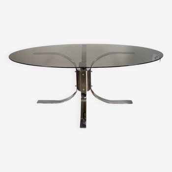 Table moderniste chrome et verre fumé piétement tulipe années 70