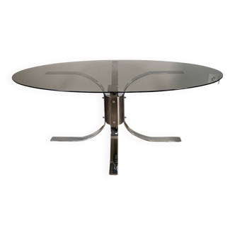 Table moderniste chrome et verre fumé piétement tulipe années 70