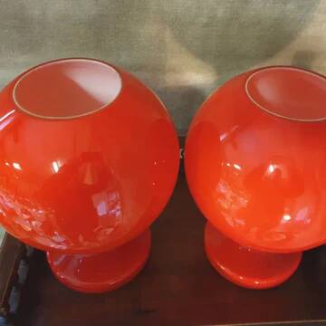 Pair of red opaline glass table lamps for Jihlava, Czechoslovakia, 1960s