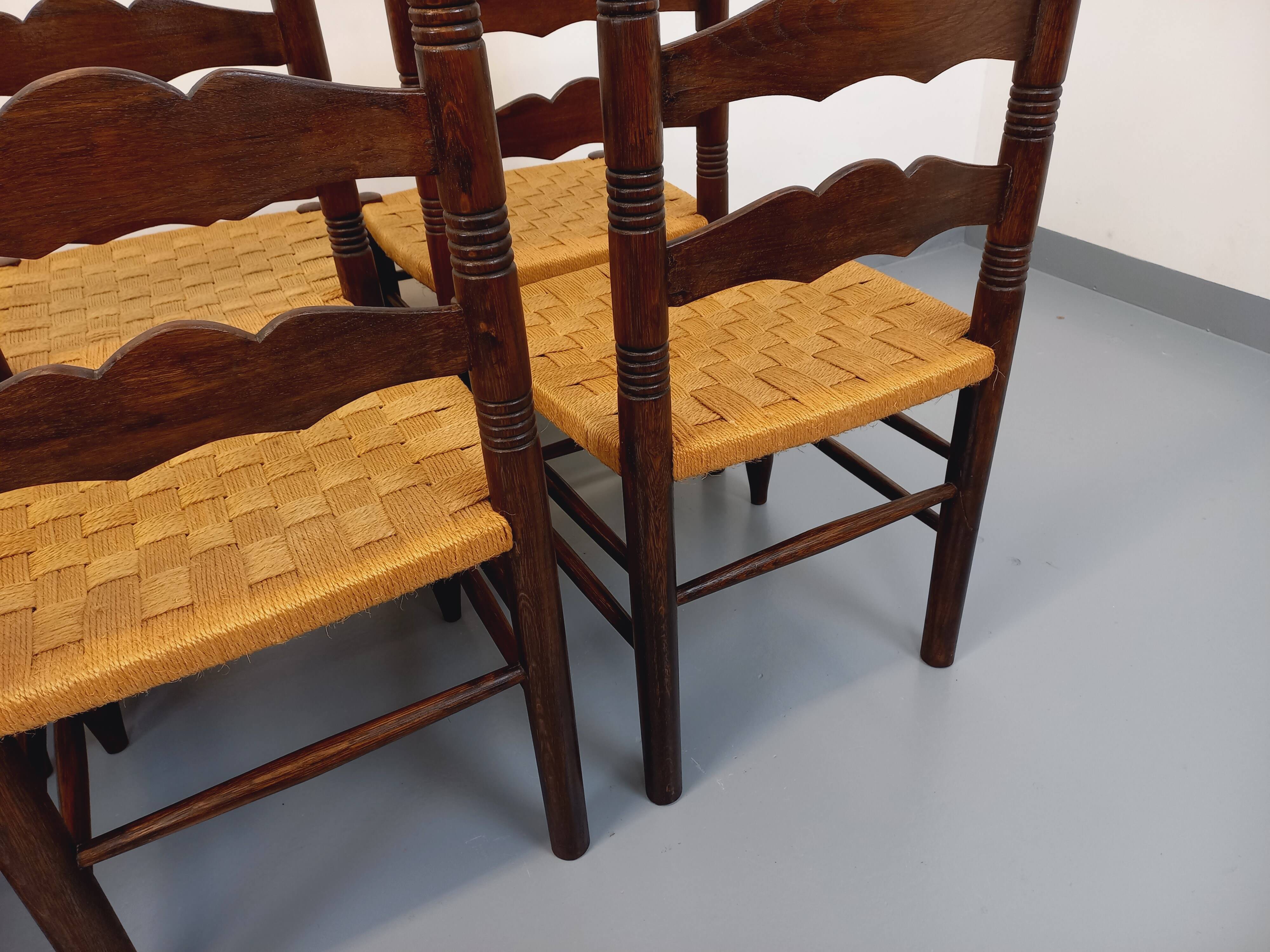 Set of 6 vintage Arts & Crafts chairs in Antonio Calligaris style in rope oak wood from the 50s
