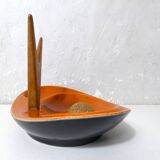 old ceramic and asymmetrical wood pipe ashtray