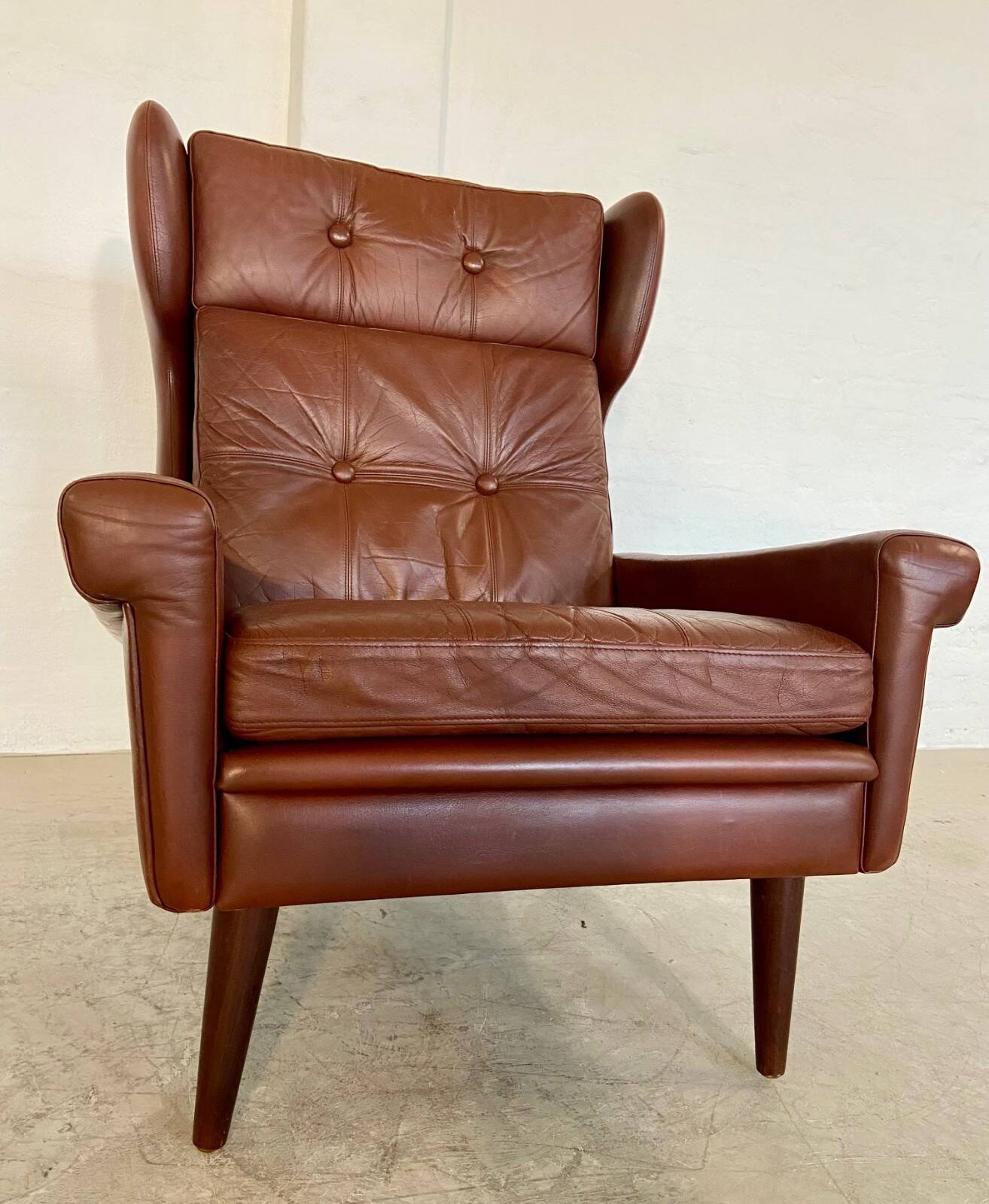 Vintage Danish retro mid-century Svend Skipper caramel brown leather chair