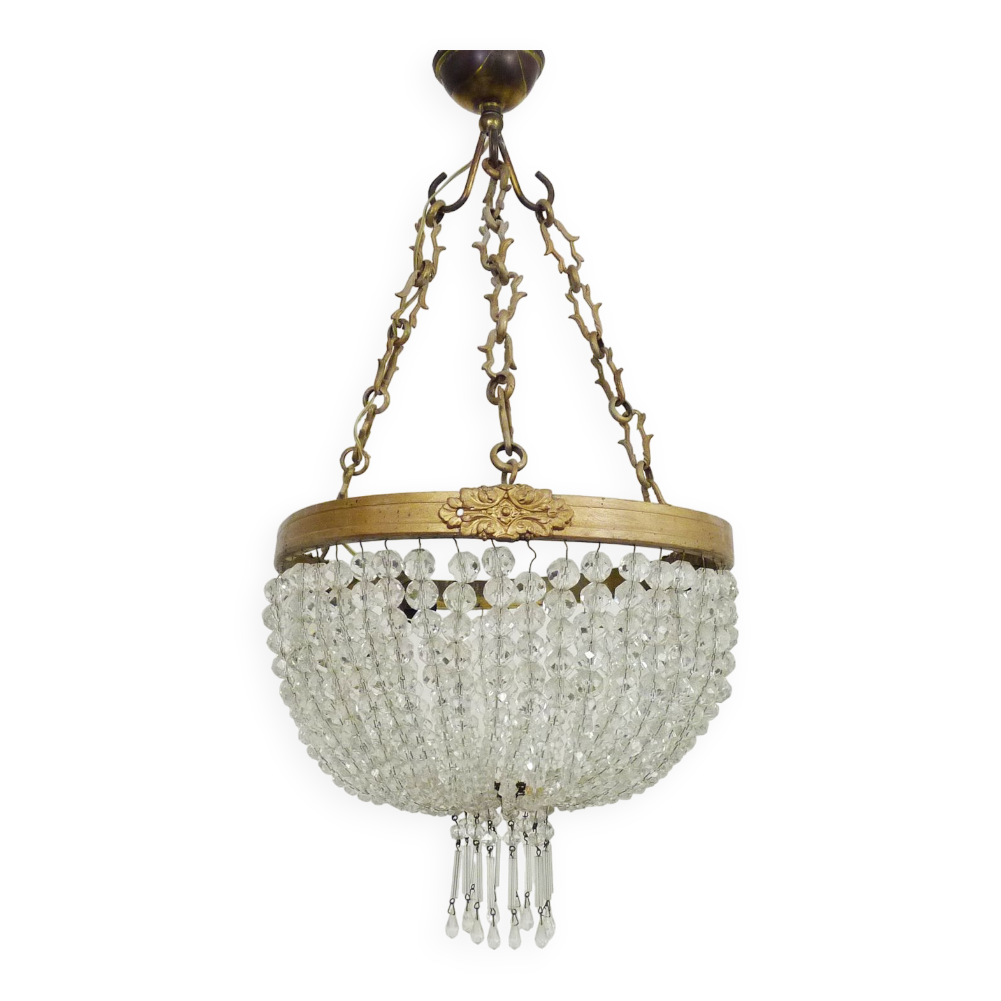 Old chandelier basket Napoleon III glass tassels, bronze structure. Chandelier tassels