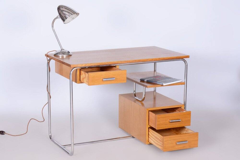 Bauhaus Writing Desk in Oak, Chrome-Plated Steel, Germany, 1930s