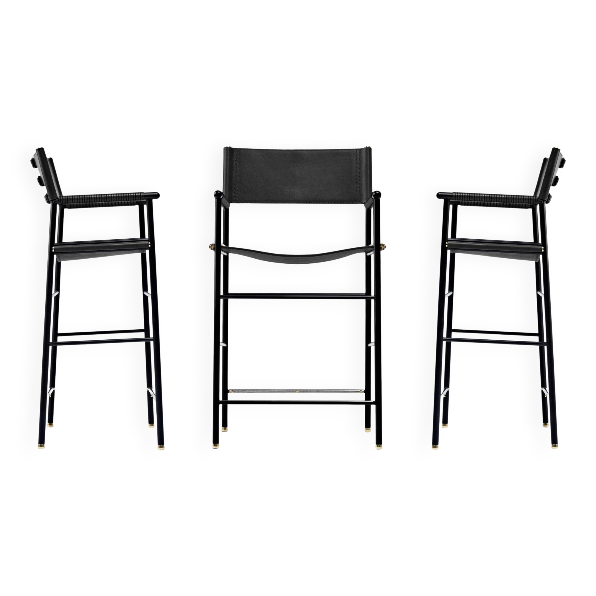 Jeu de 3 tabourets de bar classiques c. Respaldo Piel negra y estructura metálica de goma negra