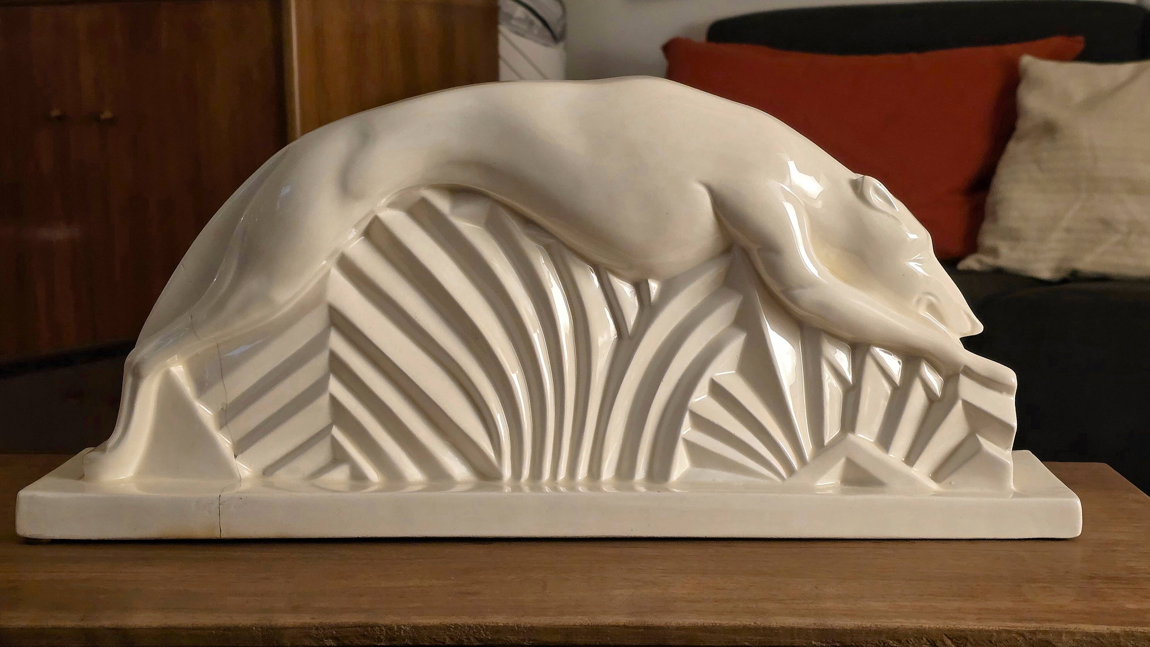 Glazed earthenware sculpture "Greyhound in Motion" by Abel René-Philippe