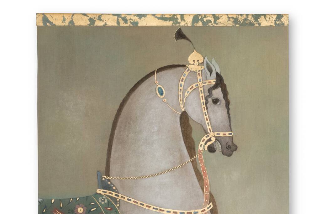 Painted canvas depicting a side view of an Indian horse. Contemporary work.