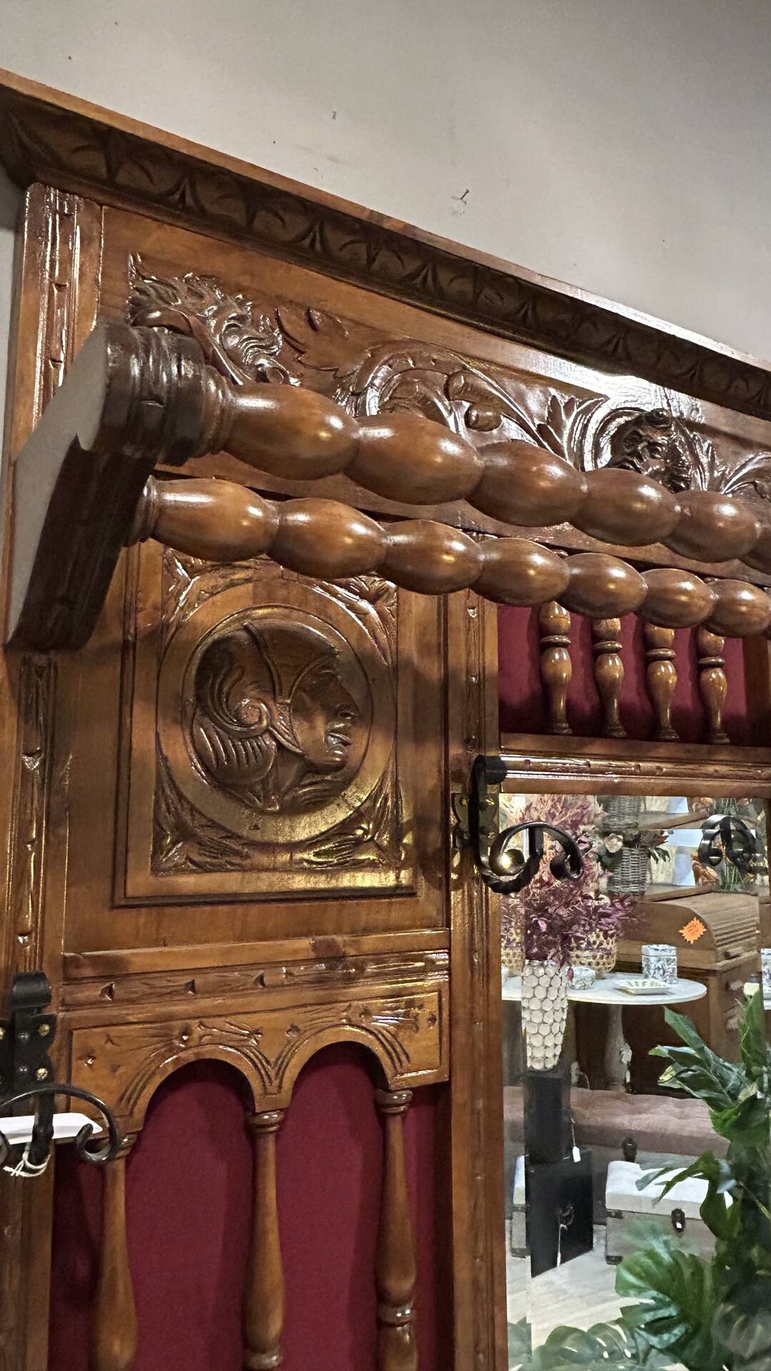Antique neo-Renaissance hall coat rack with mirror and umbrella stand.