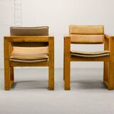 Set of Camel Leather Cubic Pinewood Side Chairs by Ate van Apeldoorn 1970s