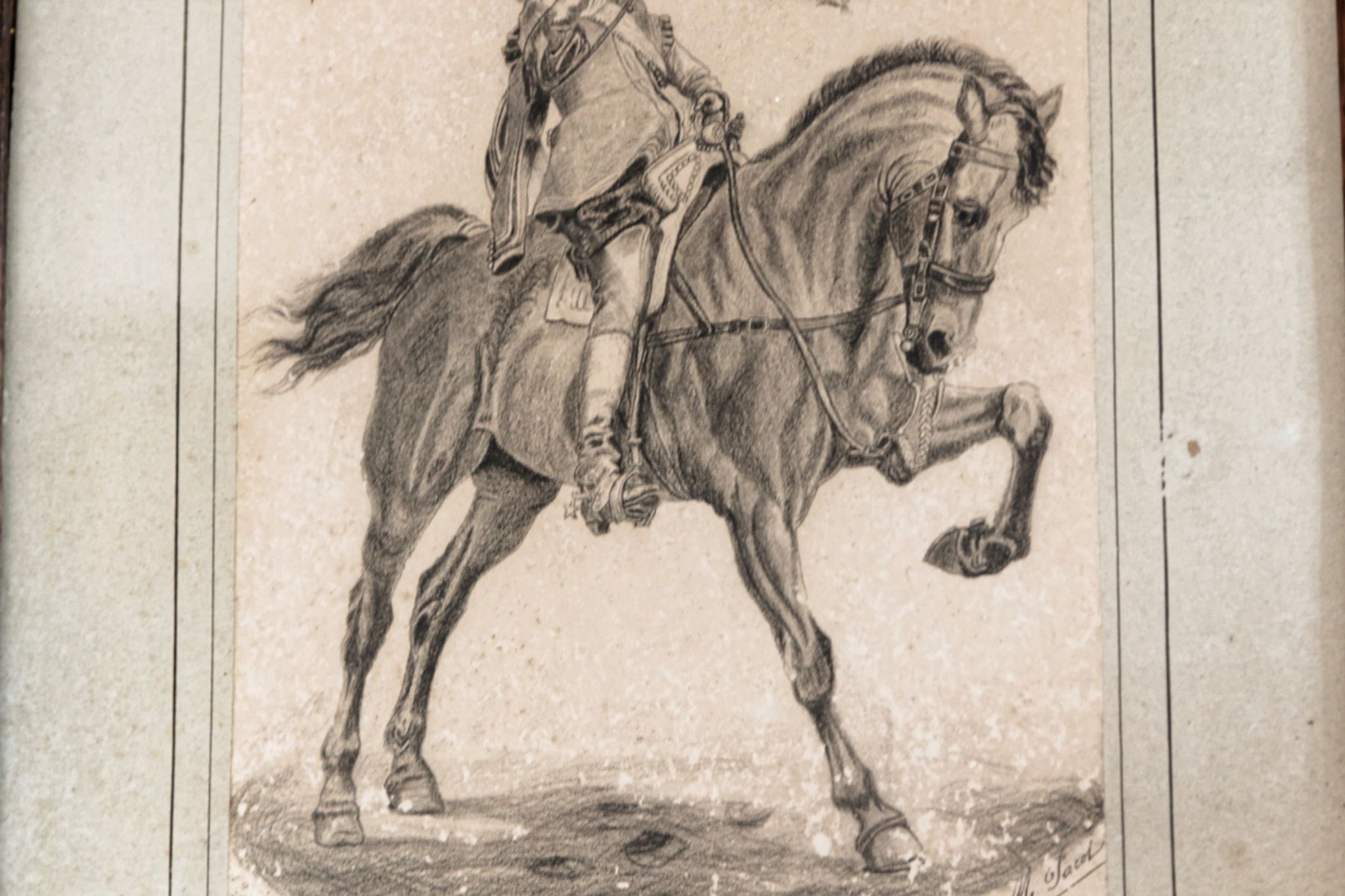 Dessin à la mine de plomb cavalier signé