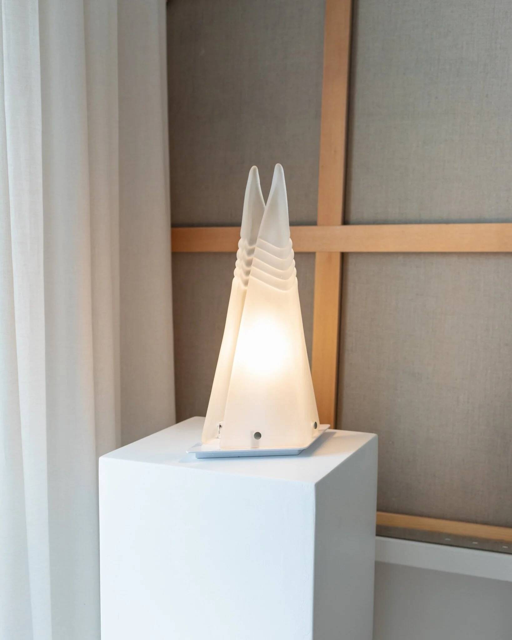 Milky White Murano Frosted Glass Pyramid Table Lamp with White Metal Base - Italian Space Age Design, 1970s