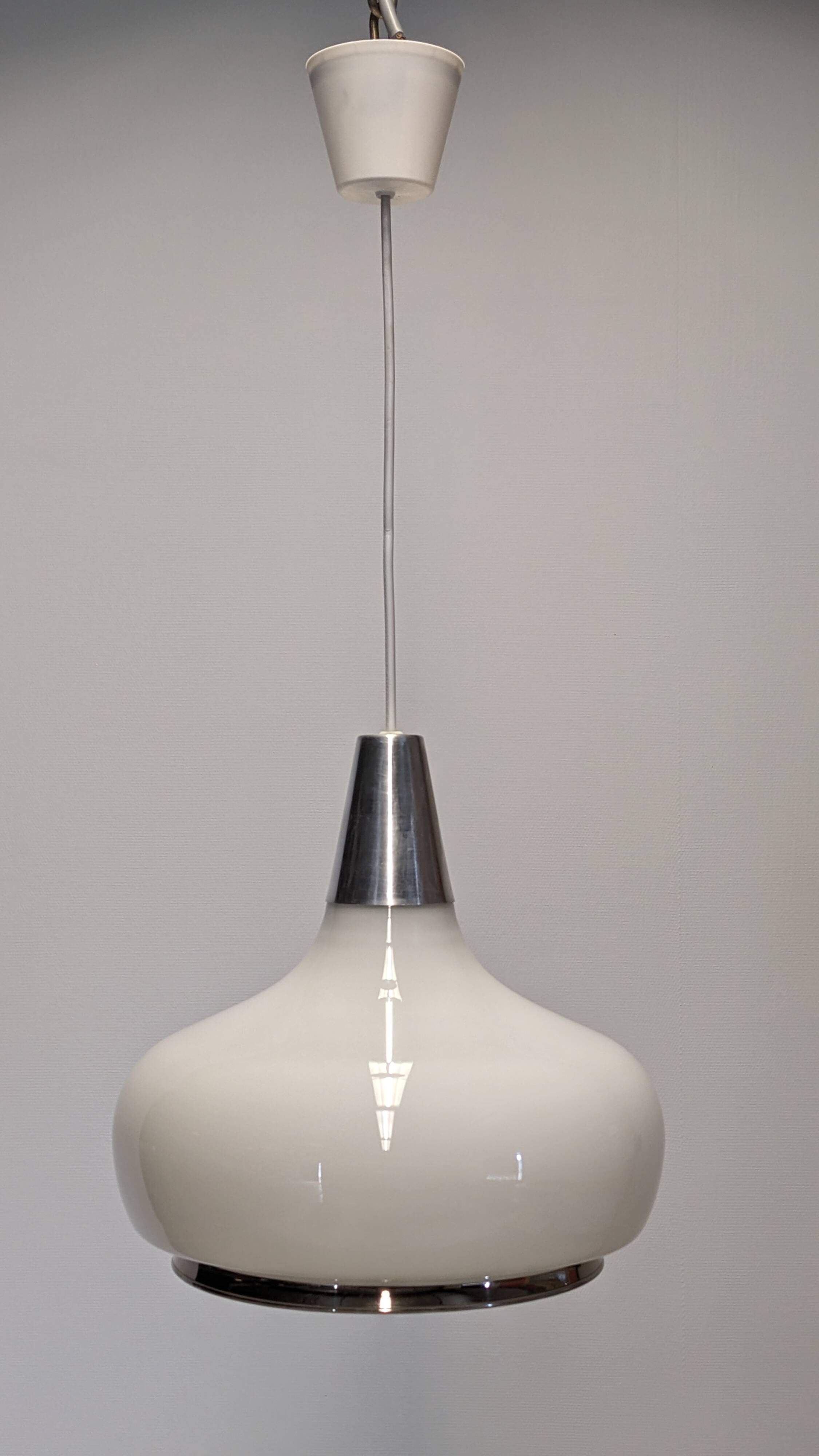 Water drop pendant light Space age in white opaline, France circa 1970.